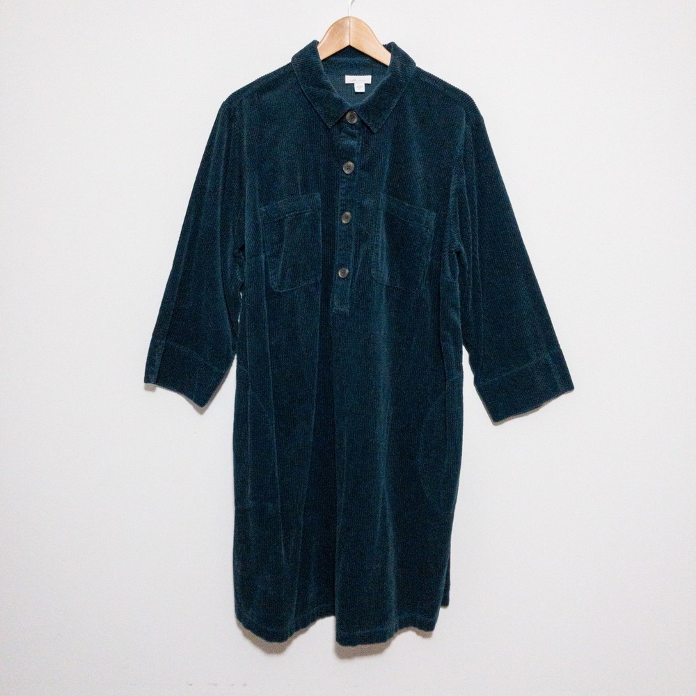 J Jill Corduroy Shirt Dress Womens Size XL Blue Ribbed Pockets Buttons Collared